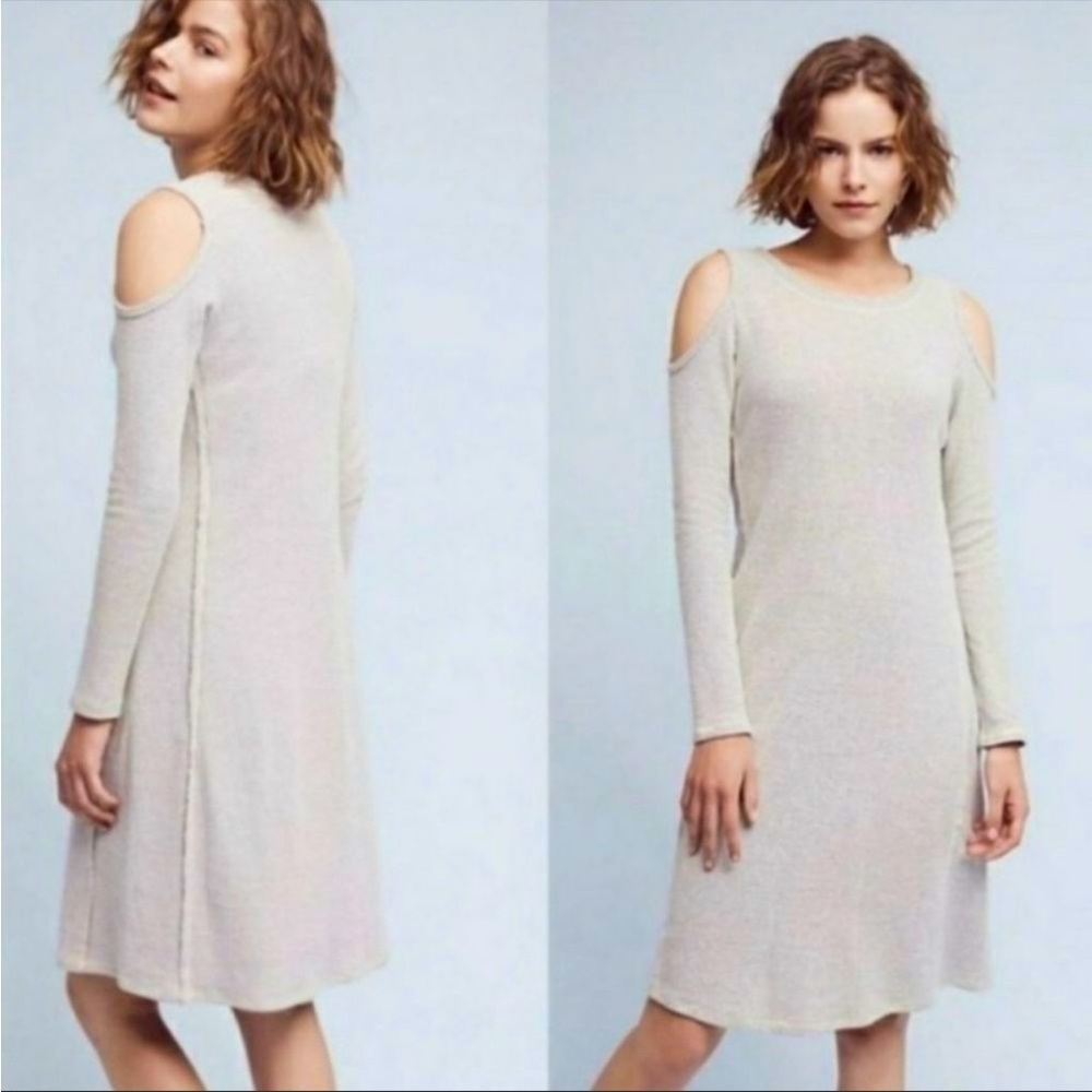 Anthro Sol Angeles Apres Cold Shoulder Waffle Knit Dress Gray Sz M Made in USAโ